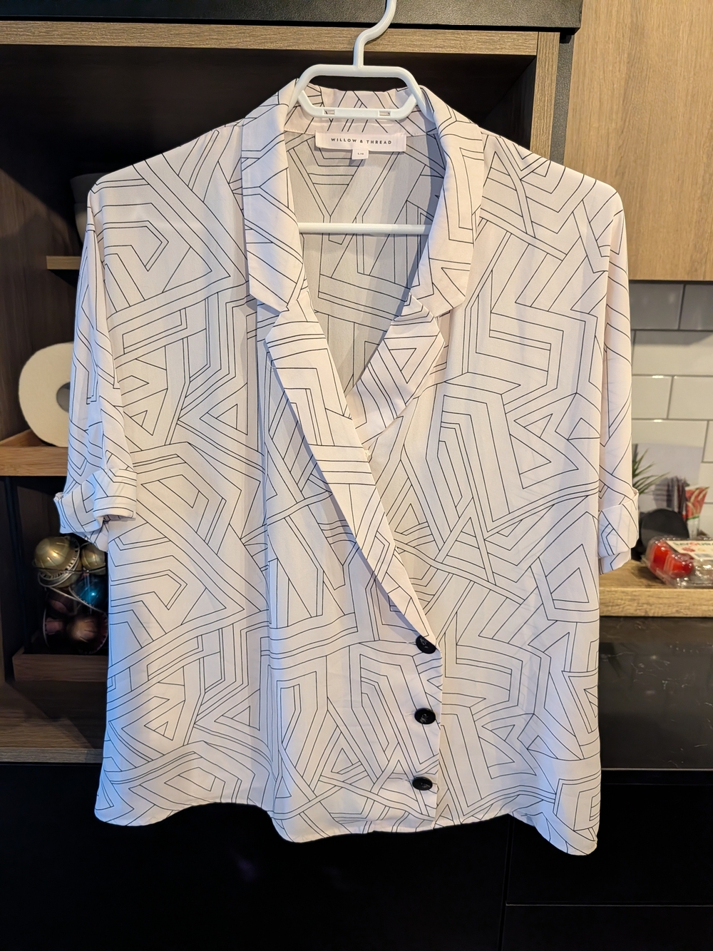 White Geometric Print Button-Front Women's Blouse